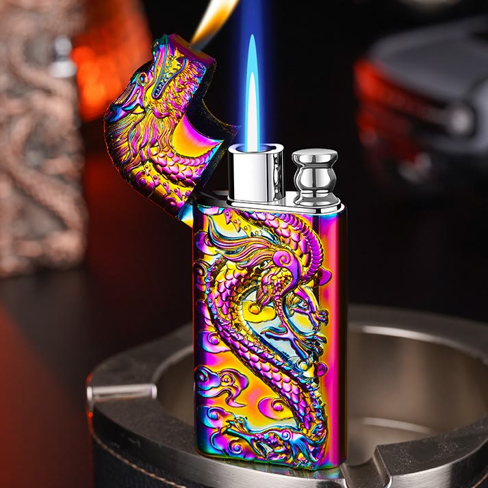 Briquet au butane rechargeable à double flamme en relief Vivid Dragon