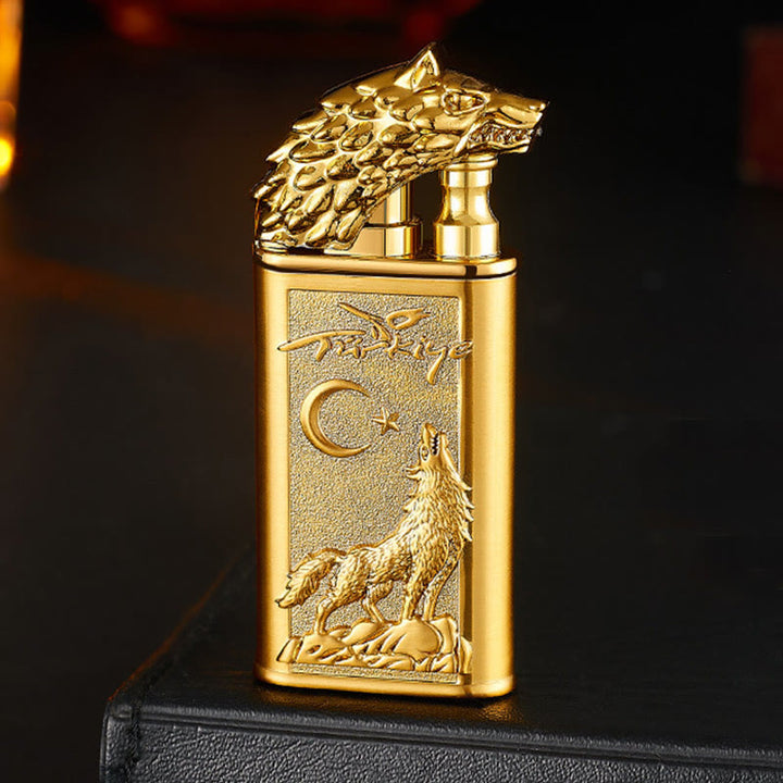 Briquet au butane rechargeable à double flamme en relief Roaring Wolf