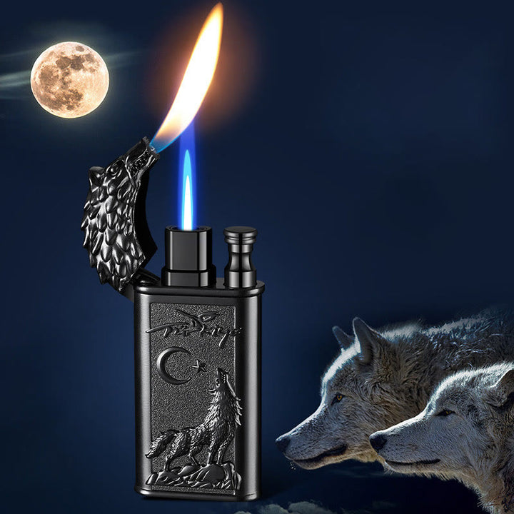 Briquet au butane rechargeable à double flamme en relief Roaring Wolf