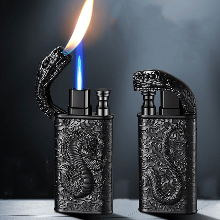 Briquet butane rechargeable à double flamme en relief motif crocodile sauvage