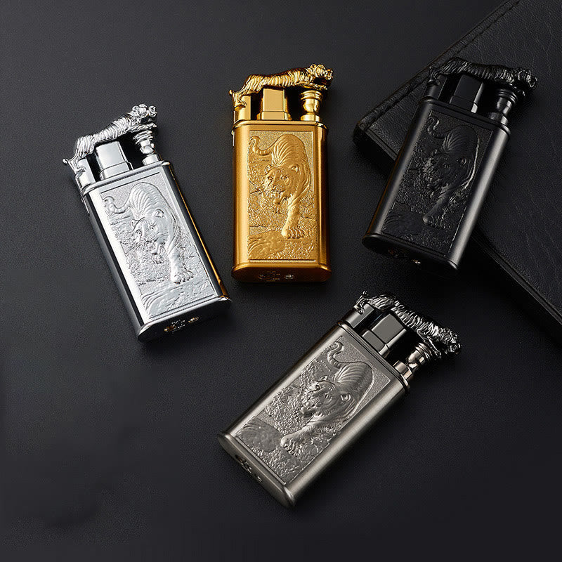 Briquet au butane rechargeable à double flamme en relief Fierce Tiger