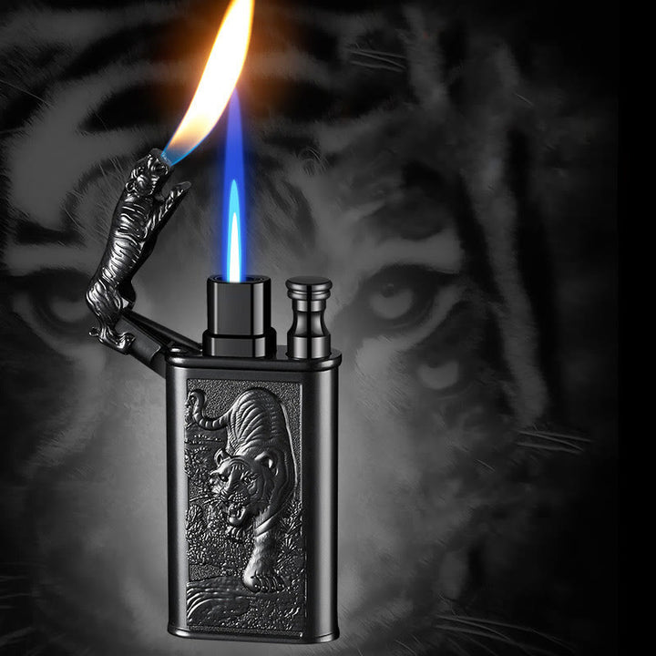 Briquet au butane rechargeable à double flamme en relief Fierce Tiger