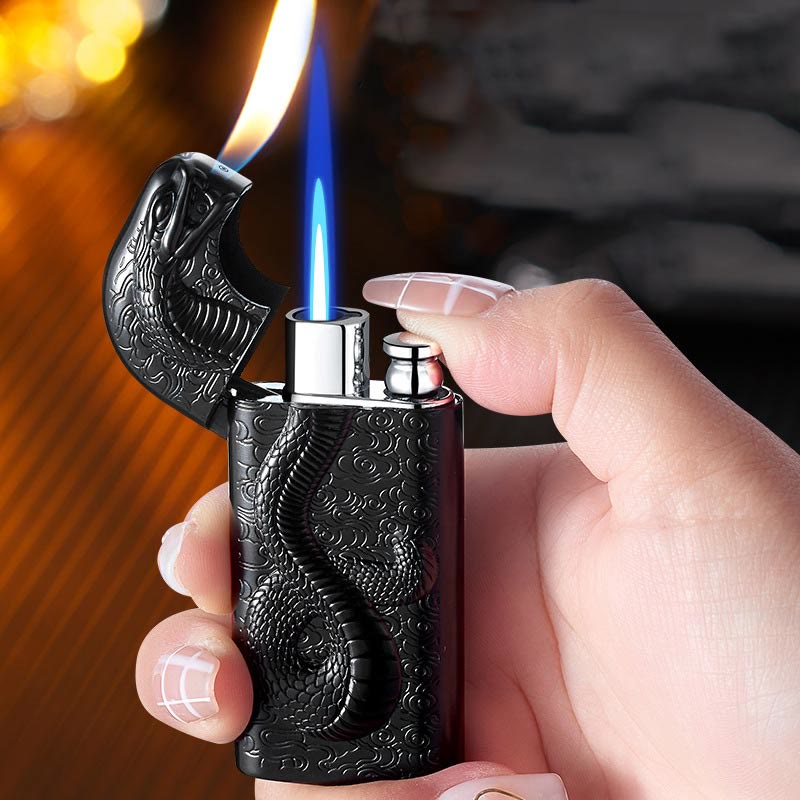 Briquet au butane rechargeable à double flamme en relief Serpent King