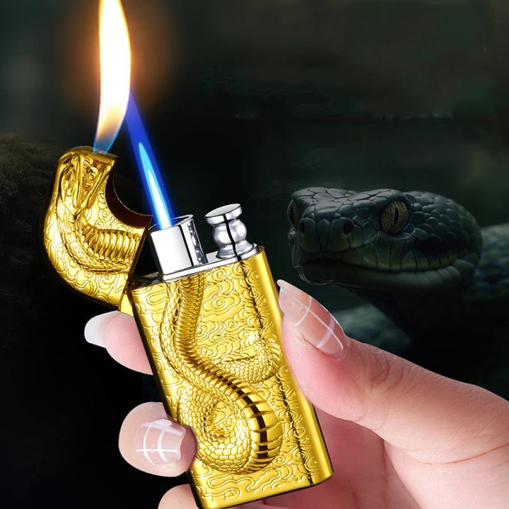 Briquet au butane rechargeable à double flamme en relief Serpent King