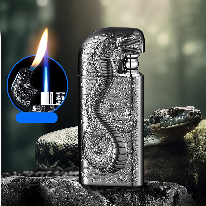 Briquet au butane rechargeable à double flamme en relief Serpent King