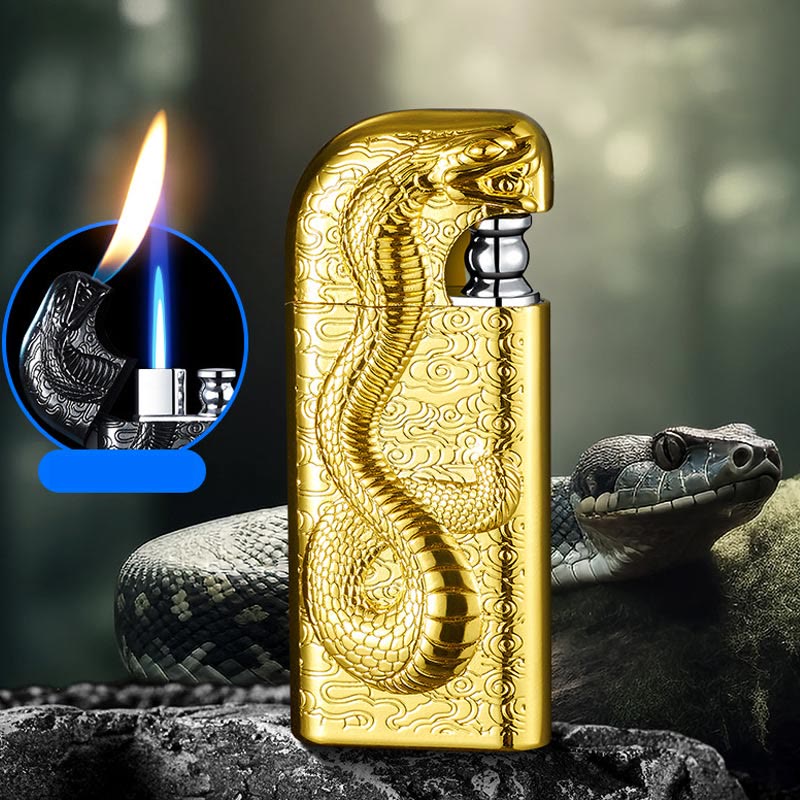 Briquet au butane rechargeable à double flamme en relief Serpent King
