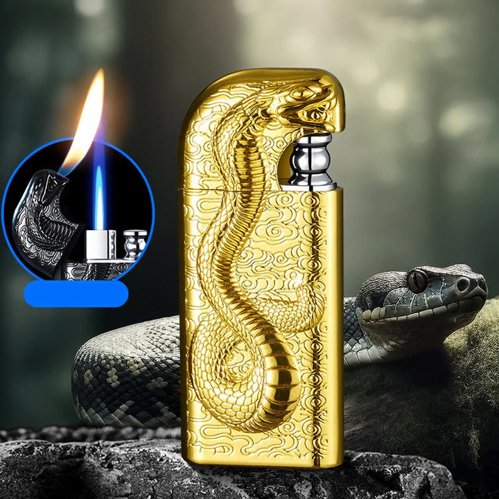 Briquet au butane rechargeable à double flamme en relief Serpent King