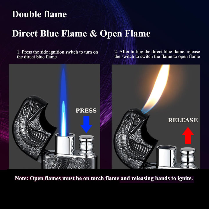 Briquet au butane rechargeable à double flamme en relief Serpent King