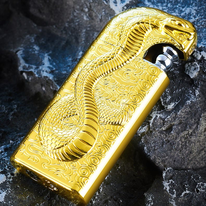 Briquet au butane rechargeable à double flamme en relief Serpent King