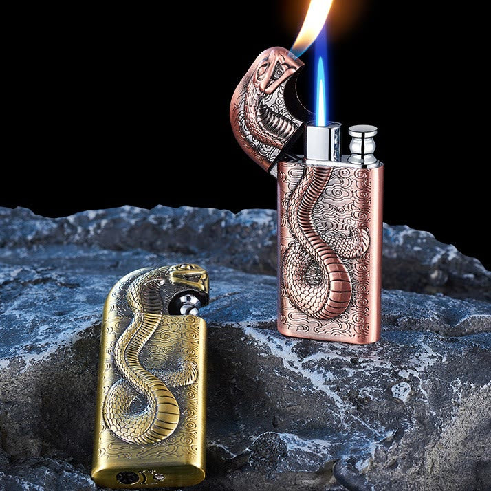 Briquet au butane rechargeable à double flamme en relief Serpent King