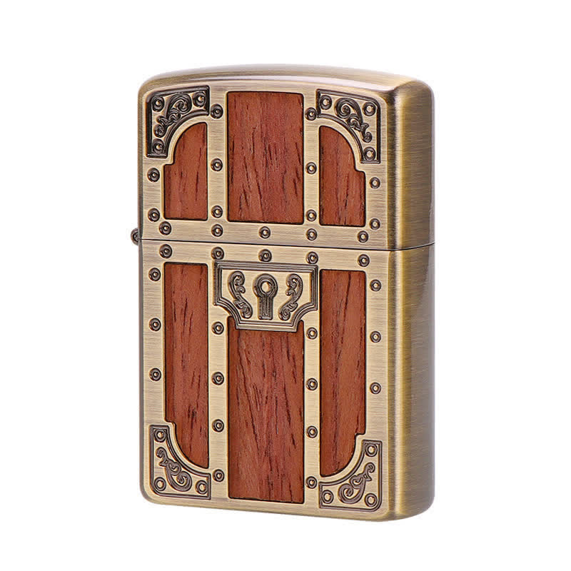 Briquet à pétrole rechargeable en bois brun, porte ancienne, gravure en laiton