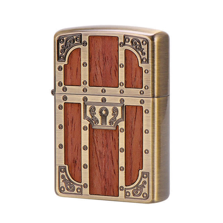 Briquet à pétrole rechargeable en bois brun, porte ancienne, gravure en laiton