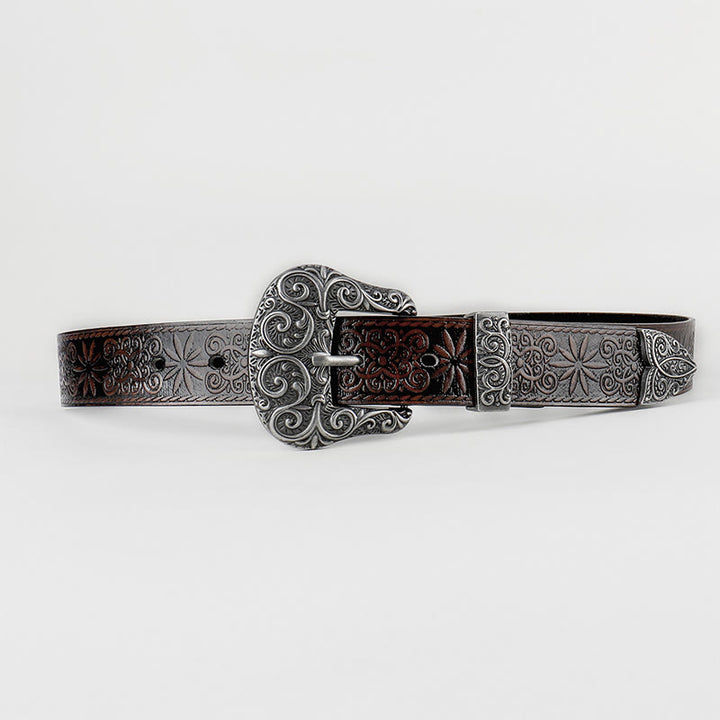 Ceinture en cuir marron à motif floral gaufré style cowgirl western pour femme