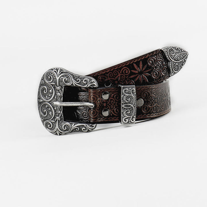 Ceinture en cuir marron à motif floral gaufré style cowgirl western pour femme