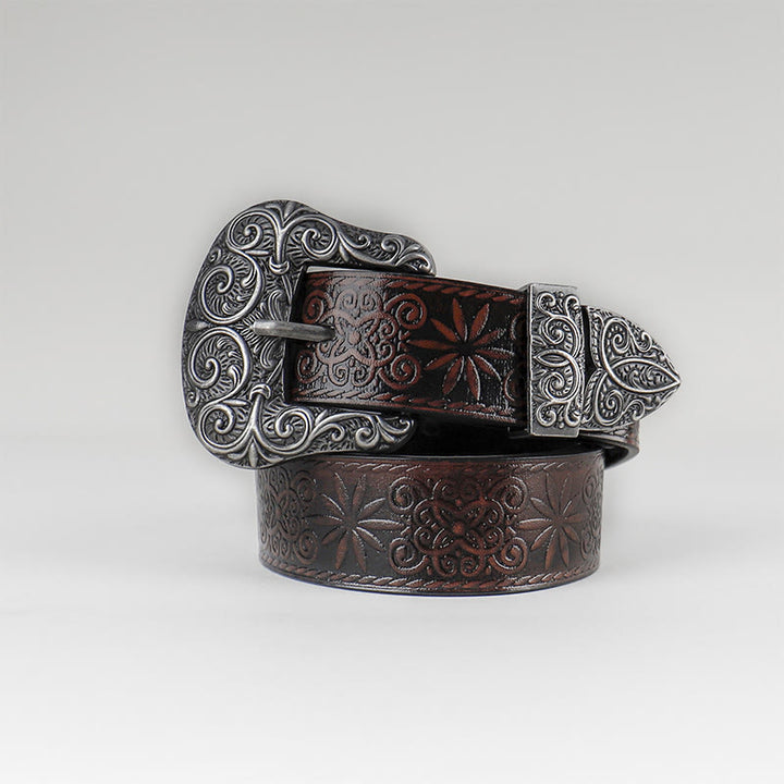 Ceinture en cuir marron à motif floral gaufré style cowgirl western pour femme