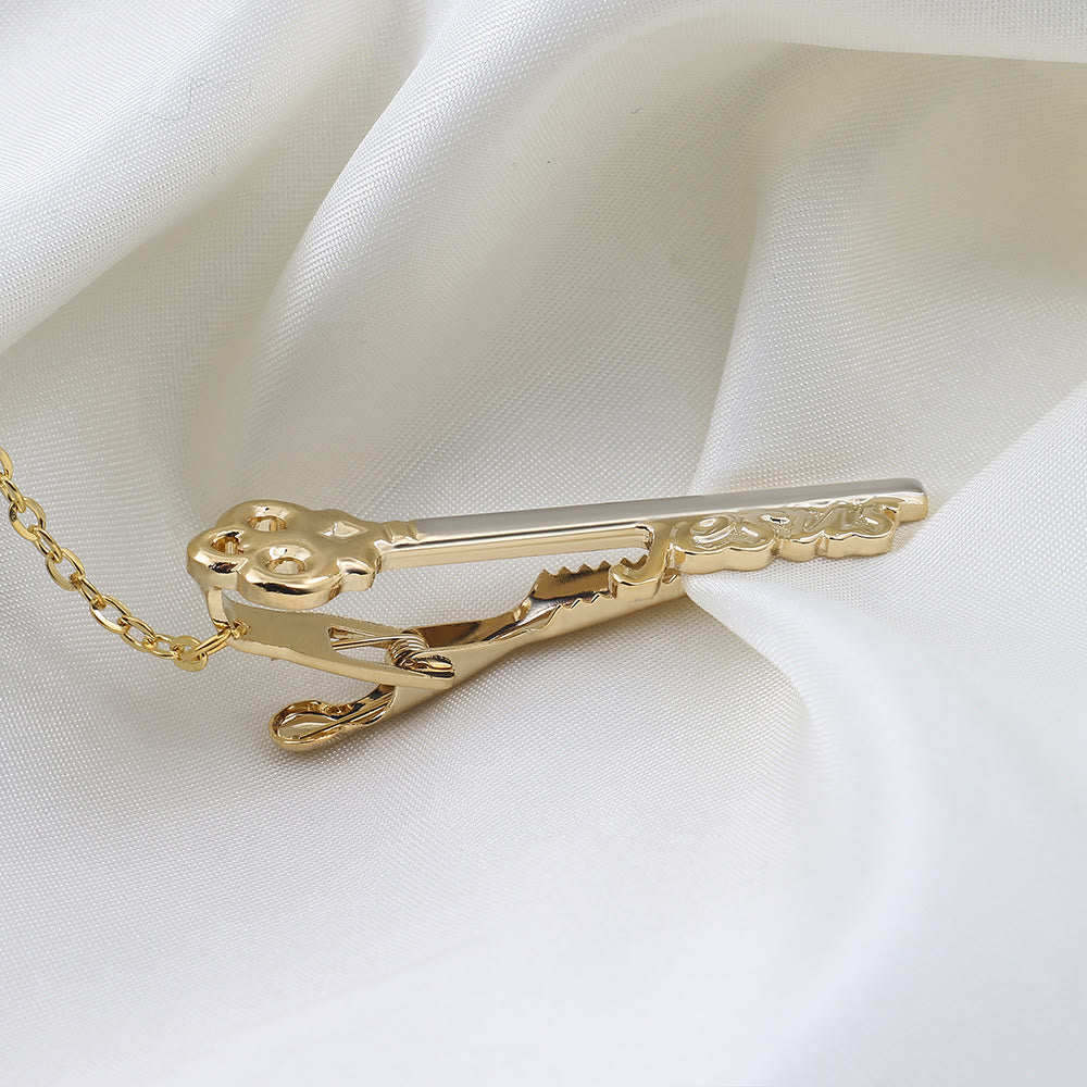 Pince à cravate en forme de clé de Jésus en or pour costume de mariage
