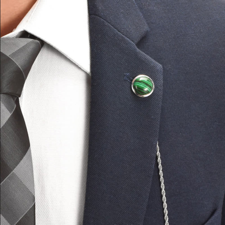 Broche de costume classique pour homme en pierre précieuse naturelle avec chaîne suspendue