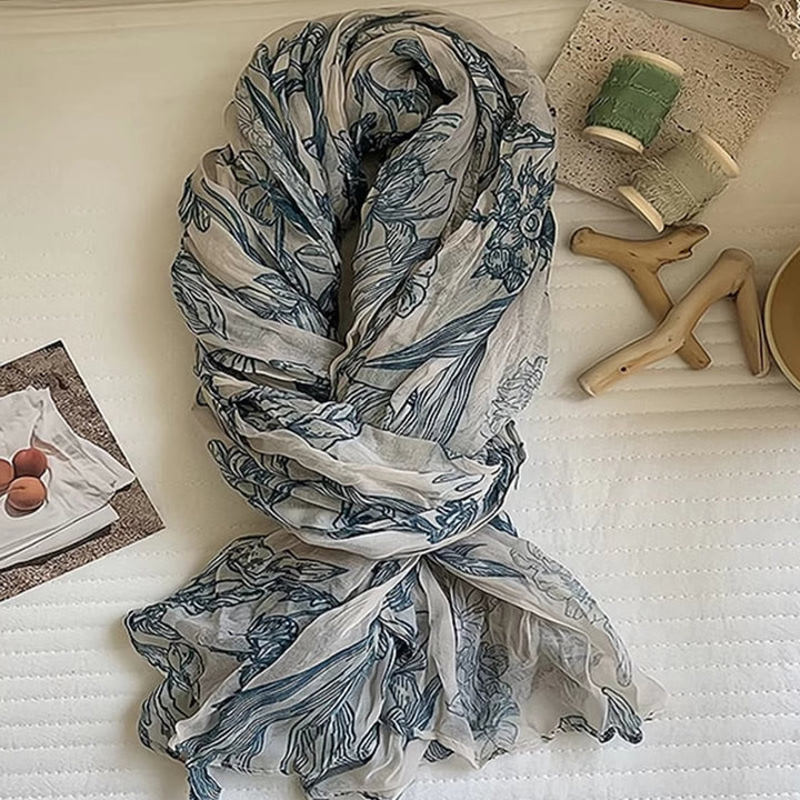 Écharpe fine légère en coton et lin à imprimé floral pour femme - Bleu - image 2