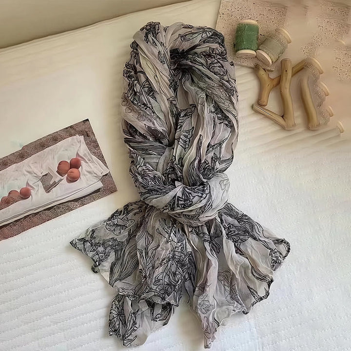 Écharpe fine légère en coton et lin à imprimé floral pour femme - Noir - image 0