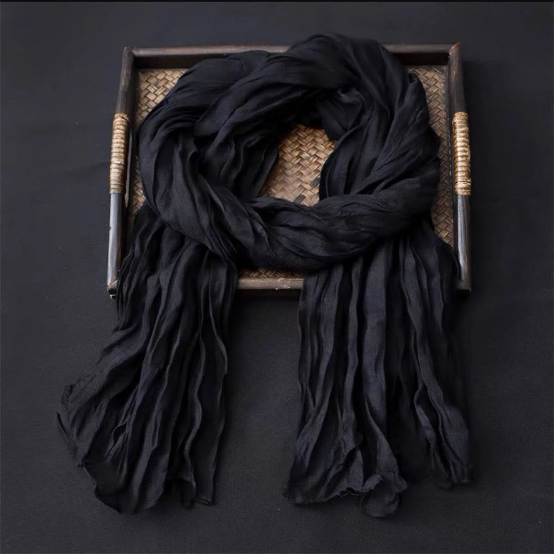 Écharpe fine rétro en coton et lin pour femme, couleur unie - Noir - image 2