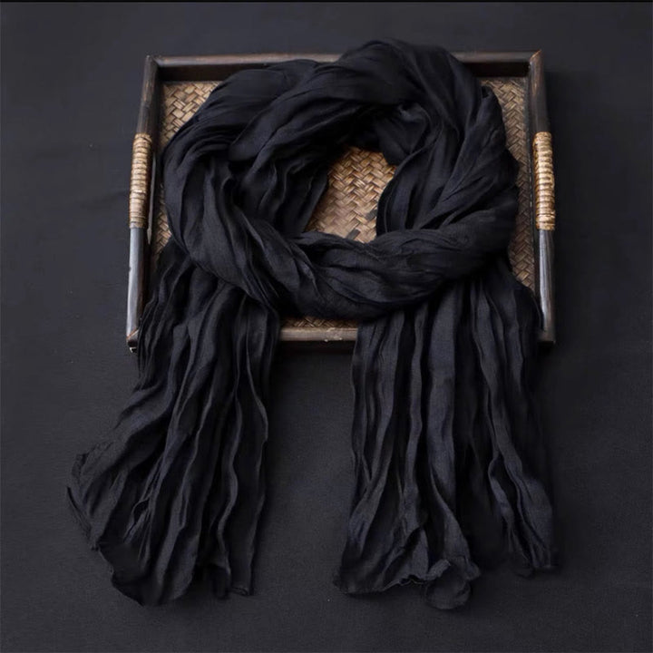 Écharpe fine rétro en coton et lin pour femme, couleur unie - Noir - image 2