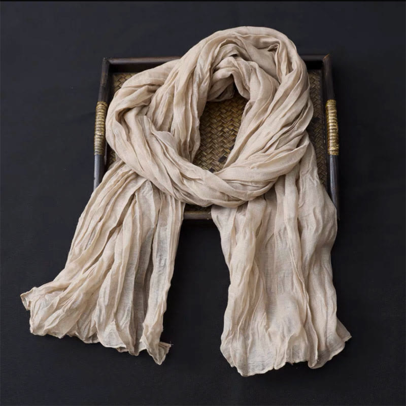 Écharpe fine rétro en coton et lin pour femme, couleur unie - Beige - image 0