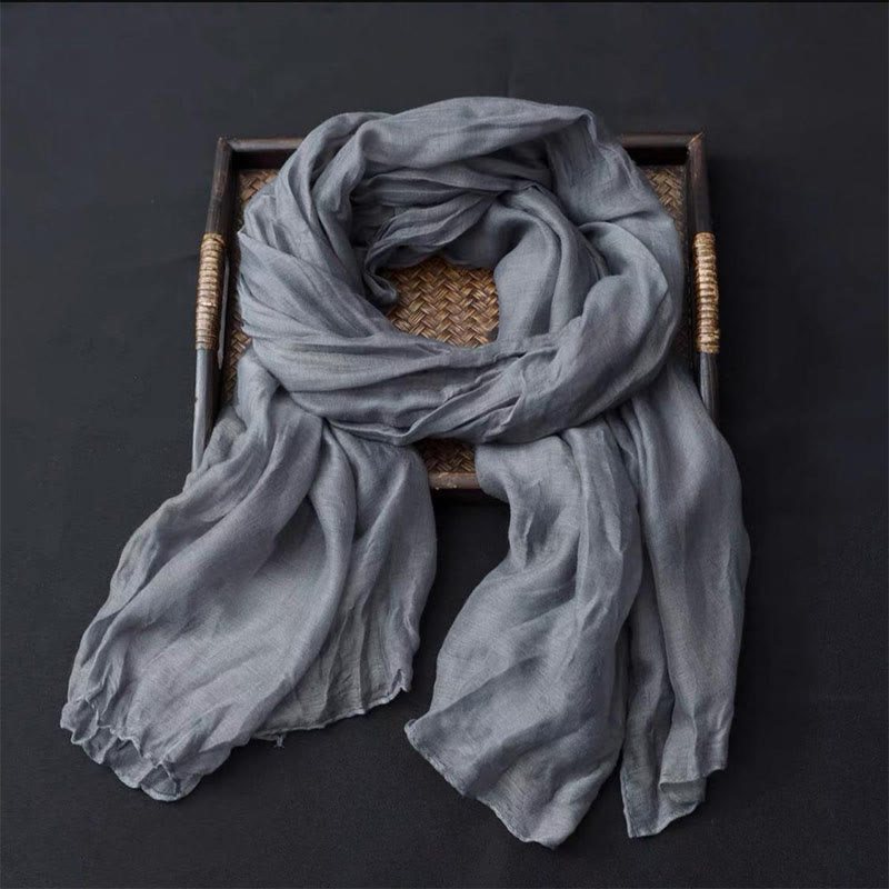 Écharpe fine rétro en coton et lin pour femme, couleur unie - Gris - image 1