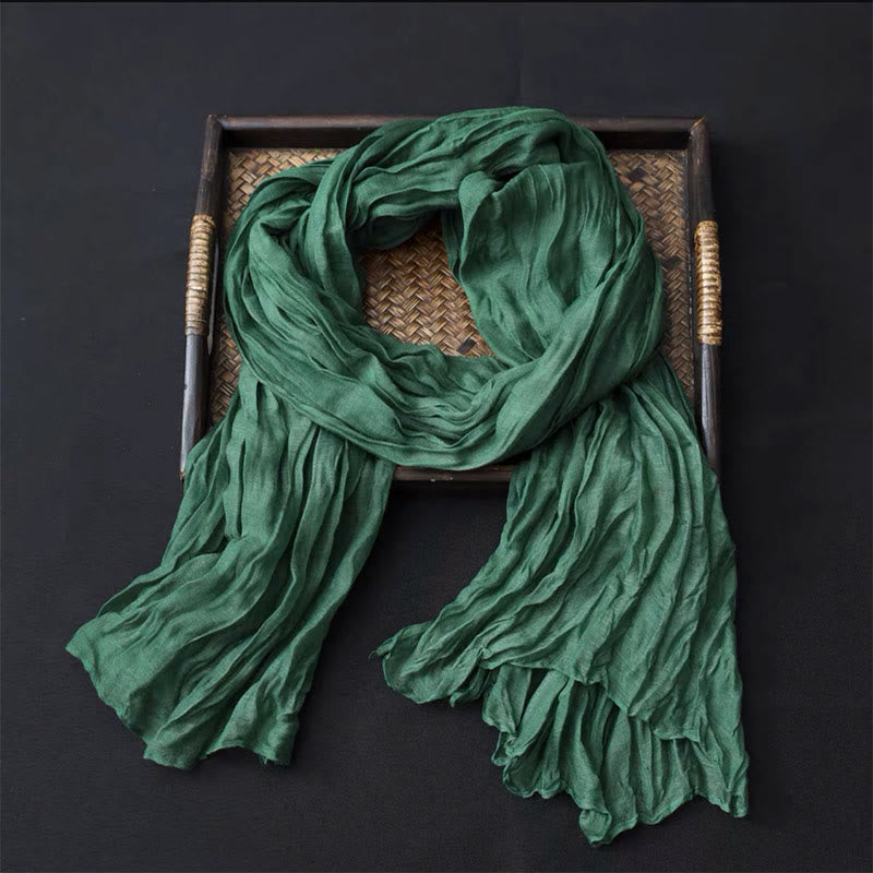 Écharpe fine rétro en coton et lin pour femme, couleur unie - Vert - image 3