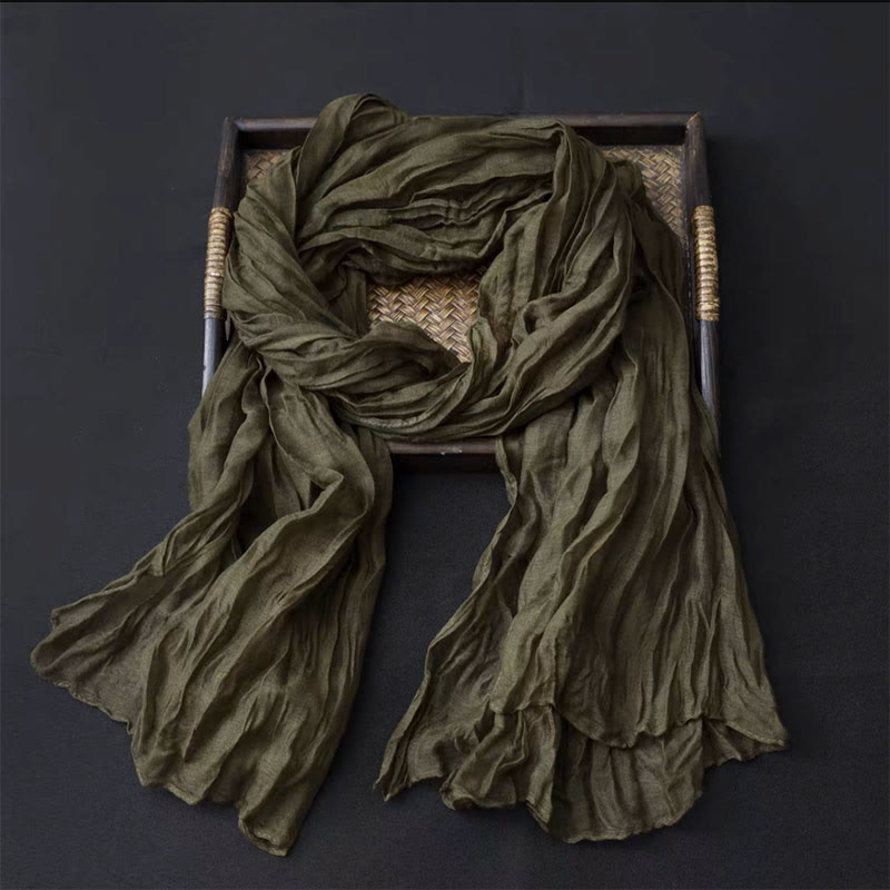 Écharpe fine rétro en coton et lin pour femme, couleur unie - Vert olive - image 4