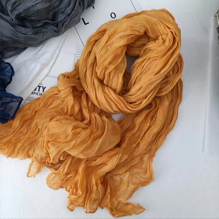 Écharpe fine rétro en coton et lin pour femme, couleur unie - Jaune - image 14
