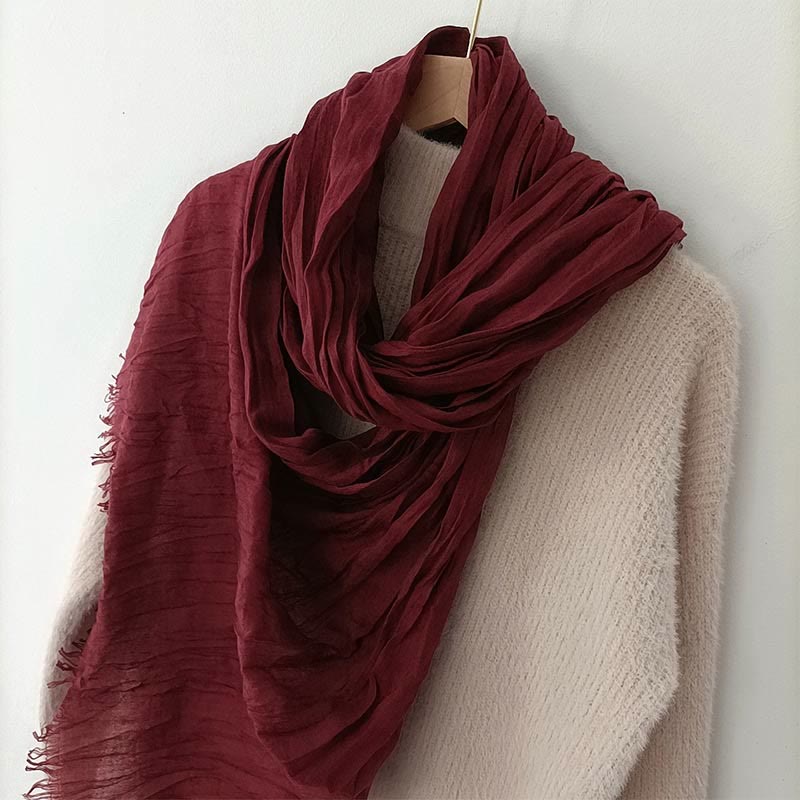 Écharpe fine en coton et lin léger de couleur unie pour femme - Vin rouge - image 7