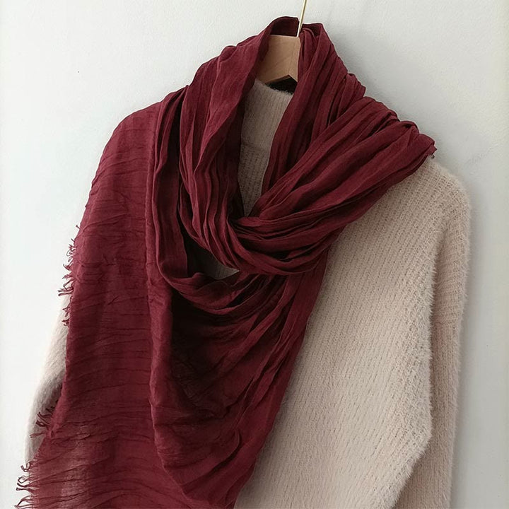 Écharpe fine en coton et lin léger de couleur unie pour femme - Vin rouge - image 7