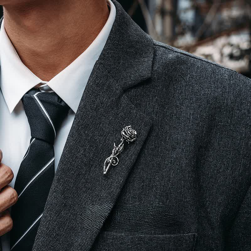 Broche romantique en argent 3D pour homme, motif rose - Argent - image 0