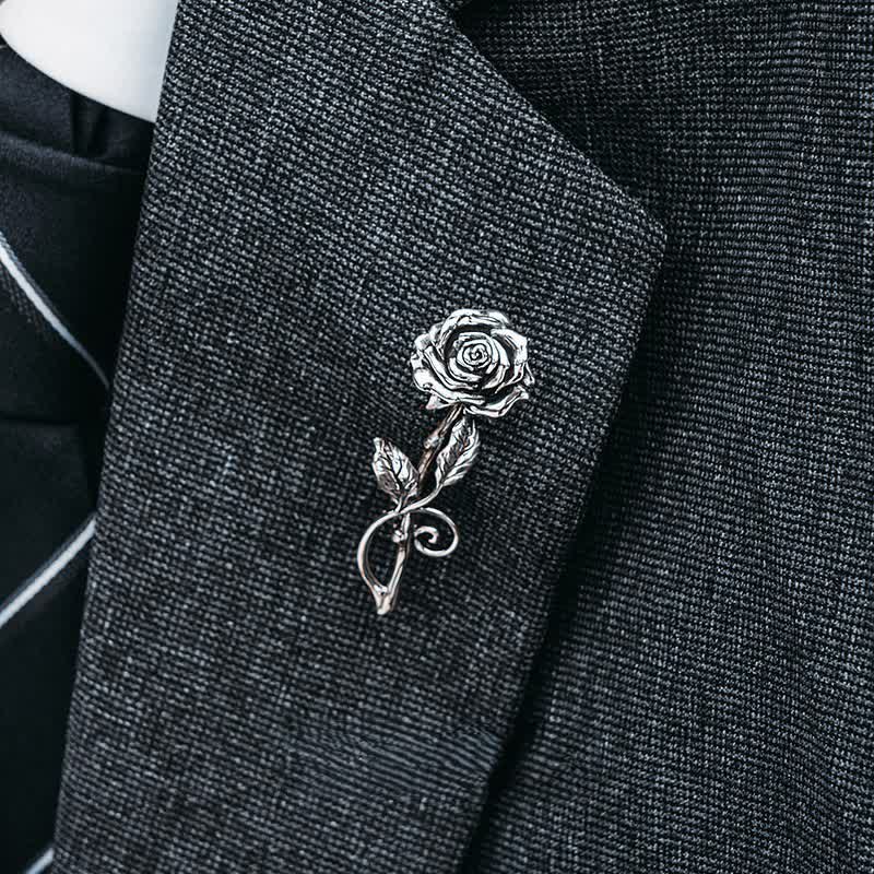 Broche romantique en argent 3D pour homme, motif rose