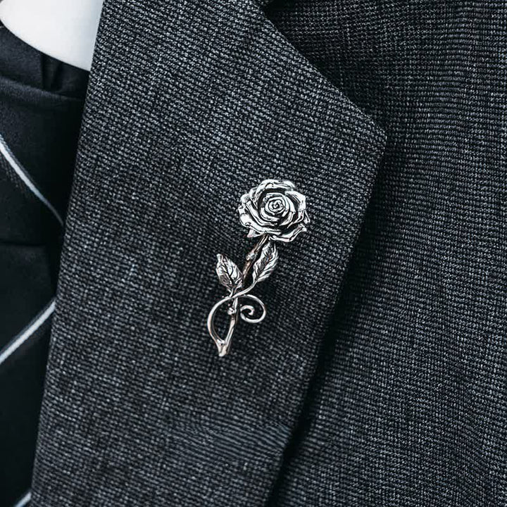 Broche romantique en argent 3D pour homme, motif rose