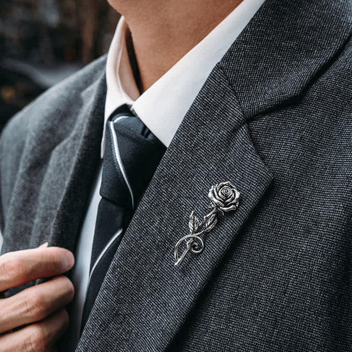 Broche romantique en argent 3D pour homme, motif rose