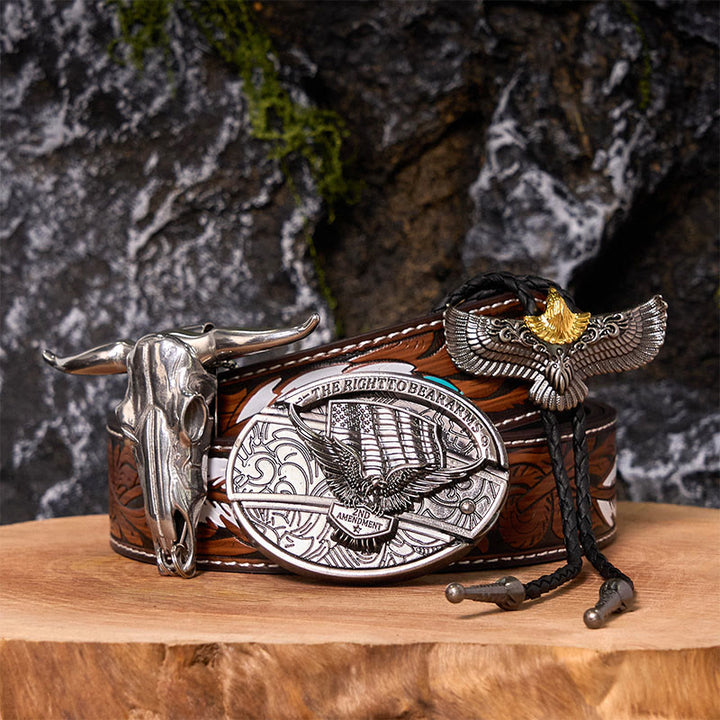 Ensemble de boucles de ceinture et de cravates bolo Eagle Flag DIY - Drapeau de l'aigle - Ceinture à plumes marron - 40 - image 0