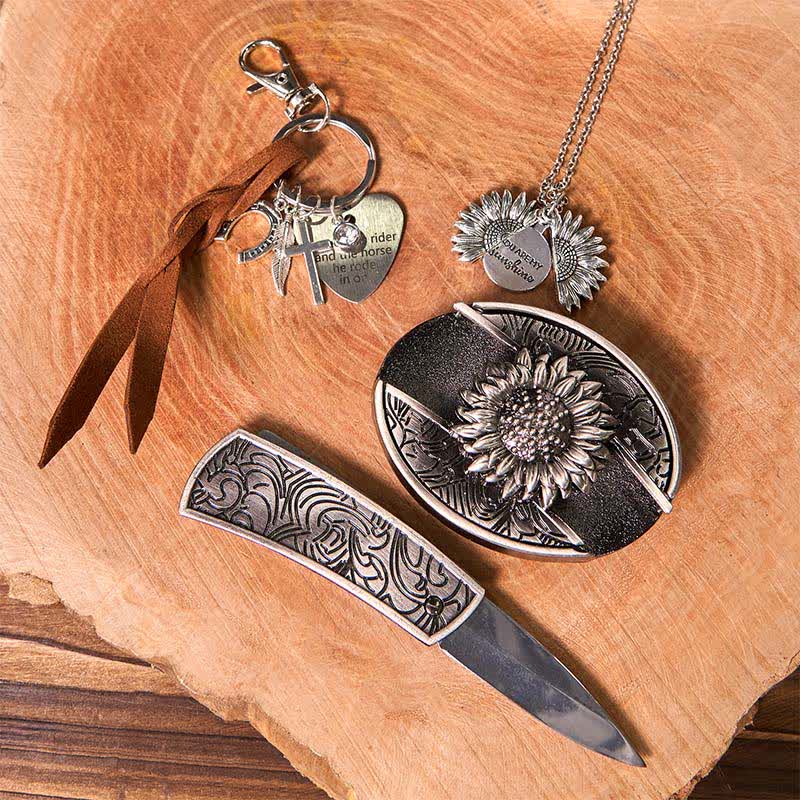 Ensemble de porte-clés, collier et boucle de ceinture à couteau caché DIY Western Sunflower