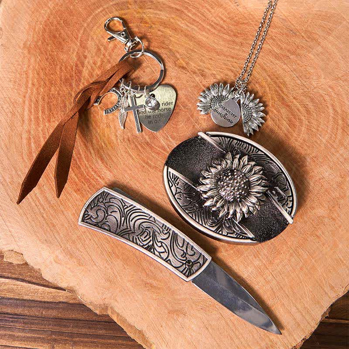 Ensemble de porte-clés, collier et boucle de ceinture à couteau caché DIY Western Sunflower