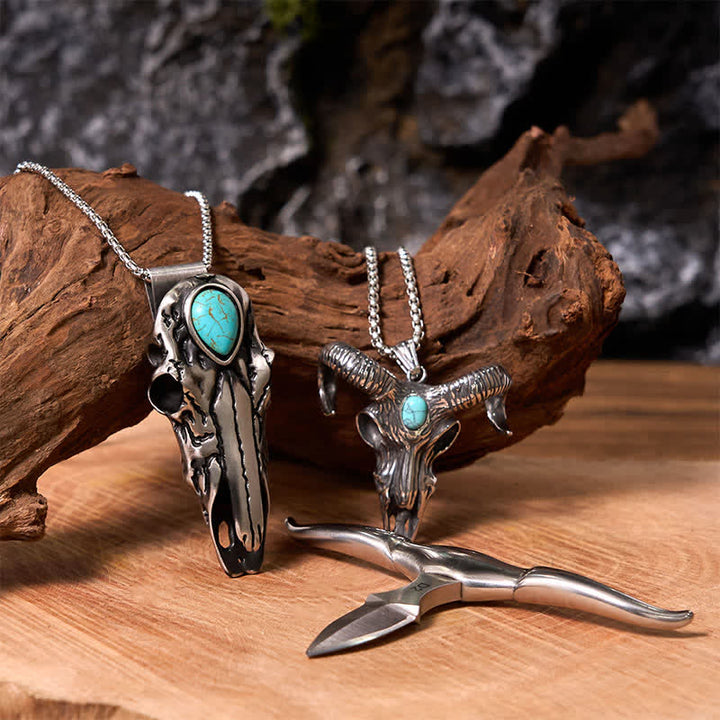 Ensemble de colliers et pendentifs en forme de tête de bélier turquoise avec corne de taureau et corne de bélier