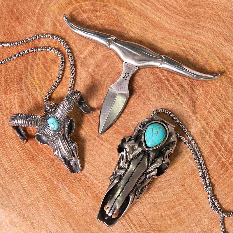Ensemble de colliers et pendentifs en forme de tête de bélier turquoise avec corne de taureau et corne de bélier