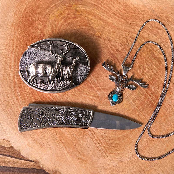 Ensemble de boucles de ceinture à couteau caché avec drapeau de cerf et anneau de chèvre fantôme