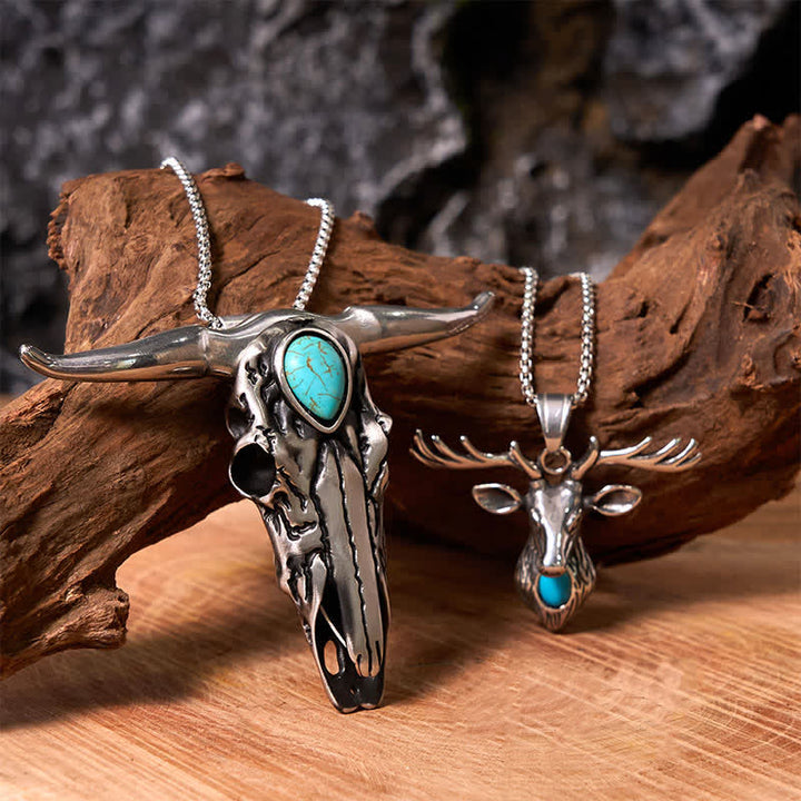 Ensemble de colliers et pendentifs en forme de tête d'élan turquoise avec taureau à longues cornes