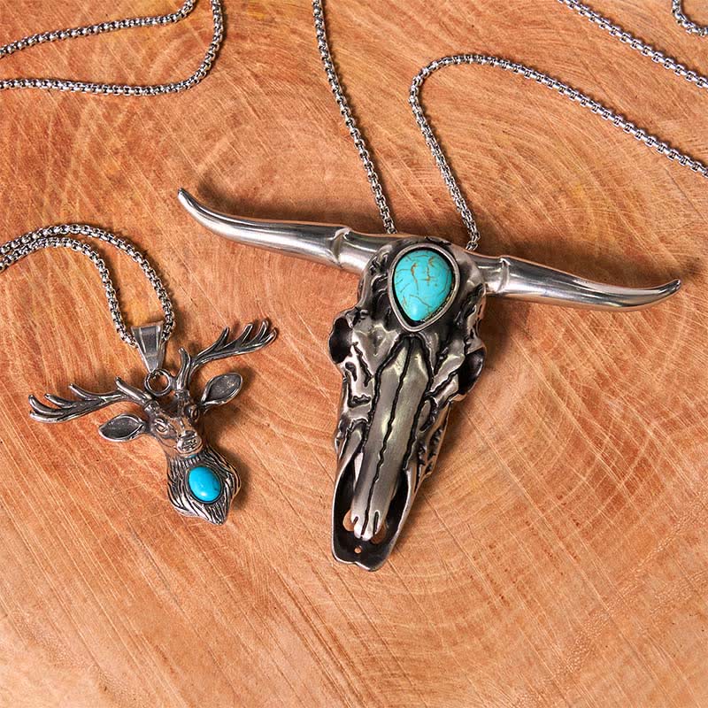 Ensemble de colliers et pendentifs en forme de tête d'élan turquoise avec taureau à longues cornes