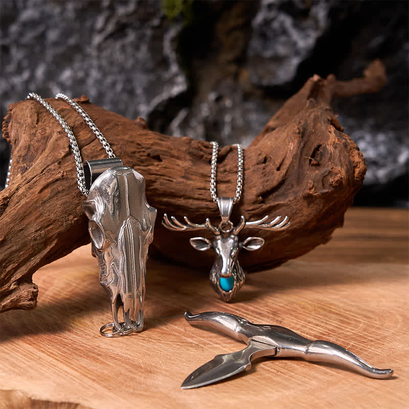 Ensemble de colliers et pendentifs en forme de tête d'élan turquoise avec taureau à longues cornes