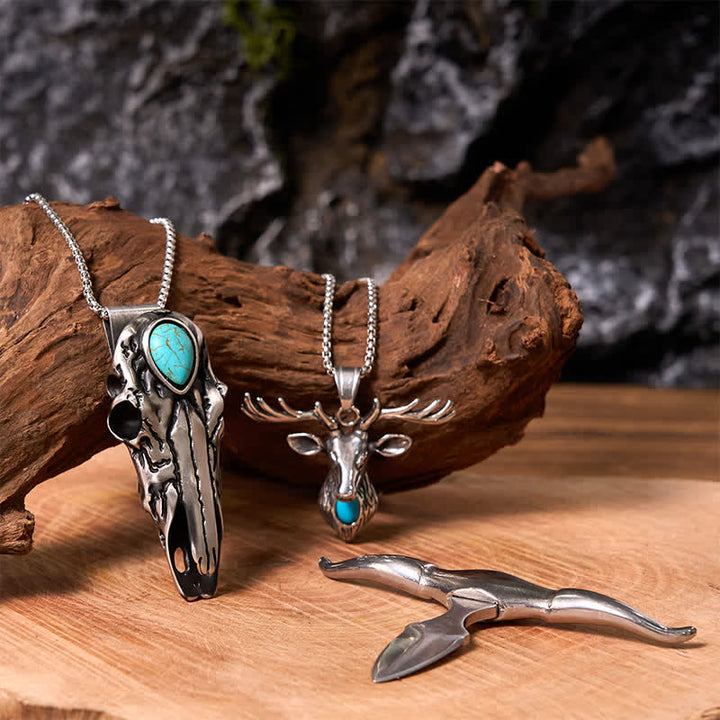 Ensemble de colliers et pendentifs en forme de tête d'élan turquoise avec taureau à longues cornes
