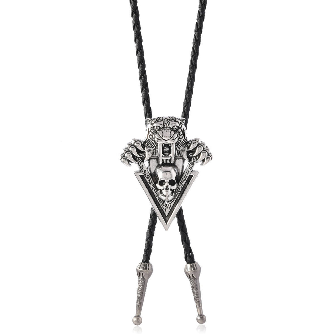Cravate bolo vintage western avec crâne de tigre et dents pointues