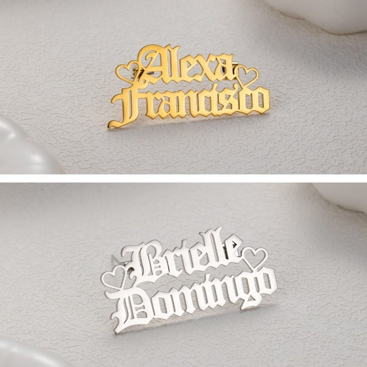 Broche personnalisée à deux noms, accessoires de costume en acier inoxydable