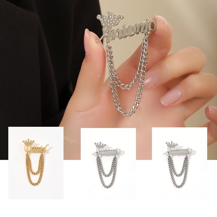 Broche personnalisée avec votre nom et couronne décorative, accessoires de costume