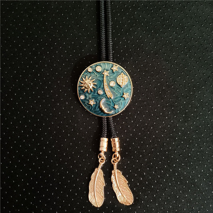 Cravate bolo vintage en strass avec motif soleil, croissant de lune et univers